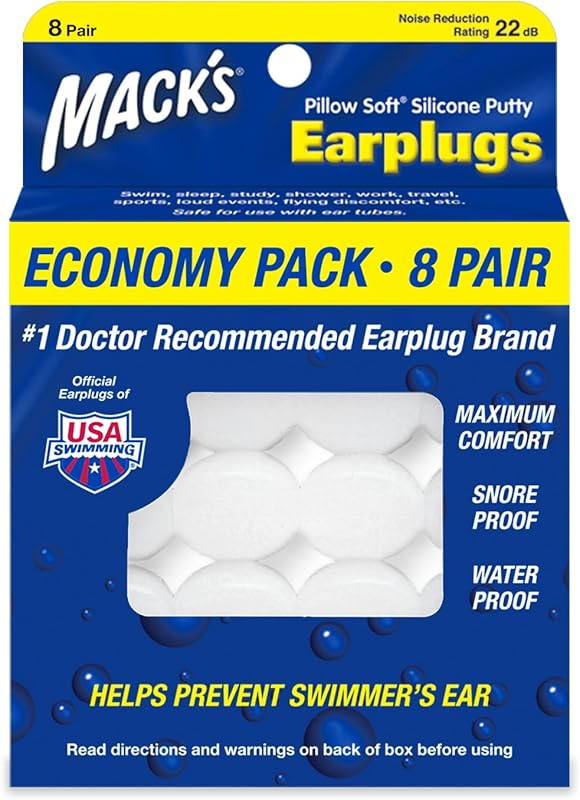 Mack's Pillow Soft Moldable Silicone Earplugs 8 Pair for Sleeping, Sno