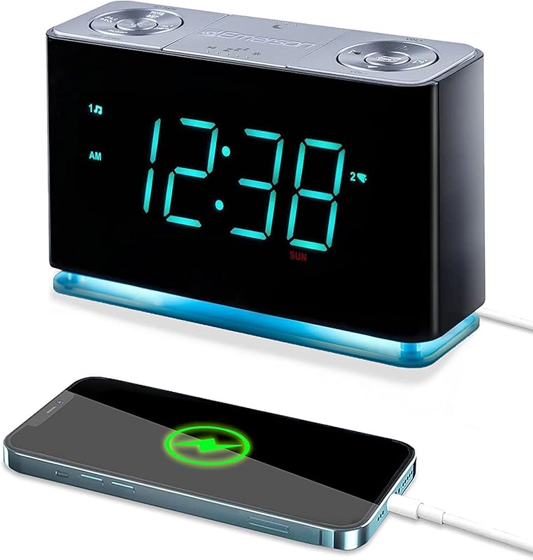 Emerson SmartSet Bluetooth Alarm Clock Radio with USB Port, Cyan LED D