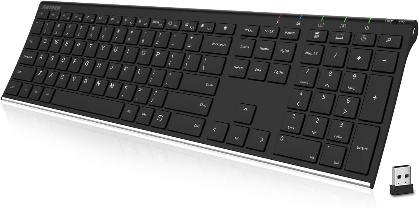 Arteck 2.4G Wireless Ultra Slim Stainless Steel Keyboard with Numeric 