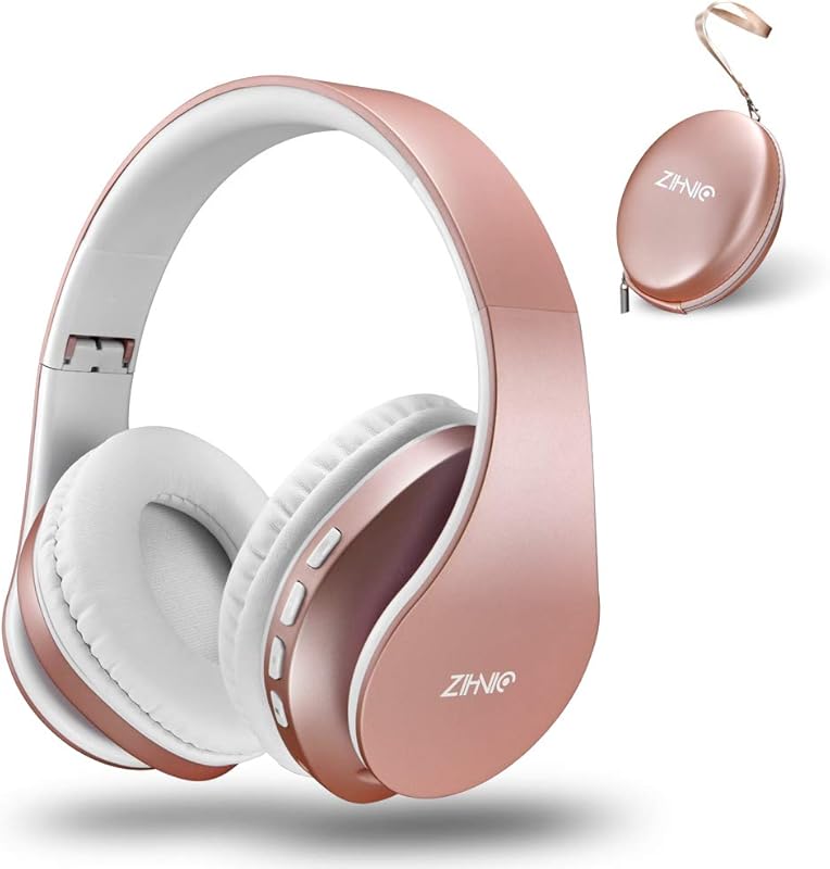 ZIHNIC Foldable Bluetooth Over-Ear Headphones in Rose Gold with Wirele