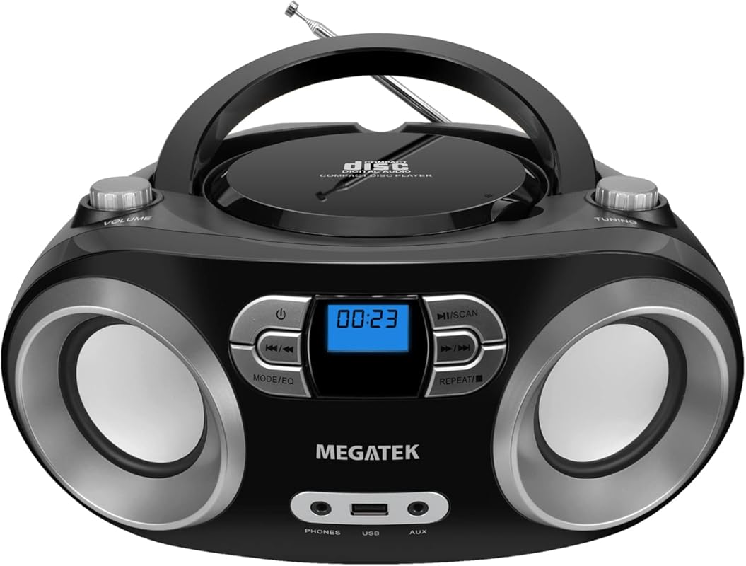 MEGATEK Portable CD Boombox with FM Radio, Bluetooth, USB, AUX, Headph