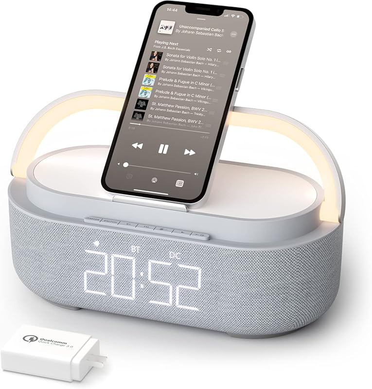 COLSUR 6-in-1 Bluetooth Speaker Alarm Clock with Wireless Charger, FM 