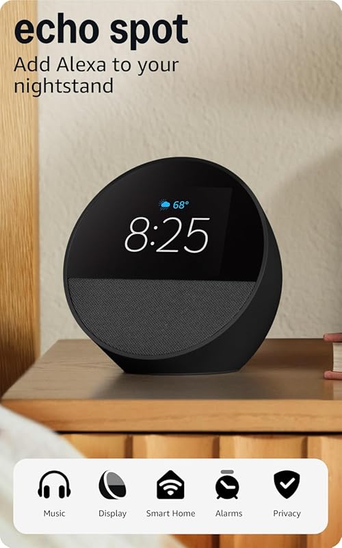 Amazon Echo Spot Smart Alarm Clock with Alexa, Great for Nightstands a