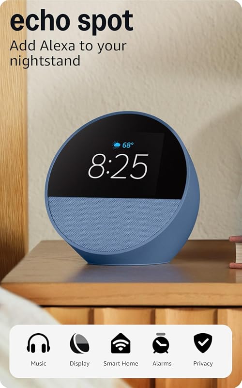 Amazon Echo Spot Smart Alarm Clock with Alexa, Perfect for Nightstands