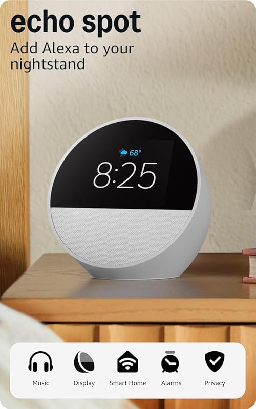 Amazon Echo Spot Smart Alarm Clock with Alexa, Ideal for Nightstands, 