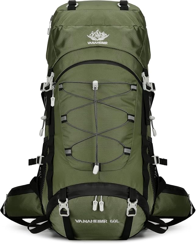 60L Water Resistant Travel Hiking Camping Backpack with Rain Cover, Li