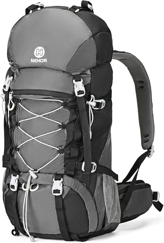 60L Water Resistant Black Hiking Backpack with Rain Cover, Lightweight