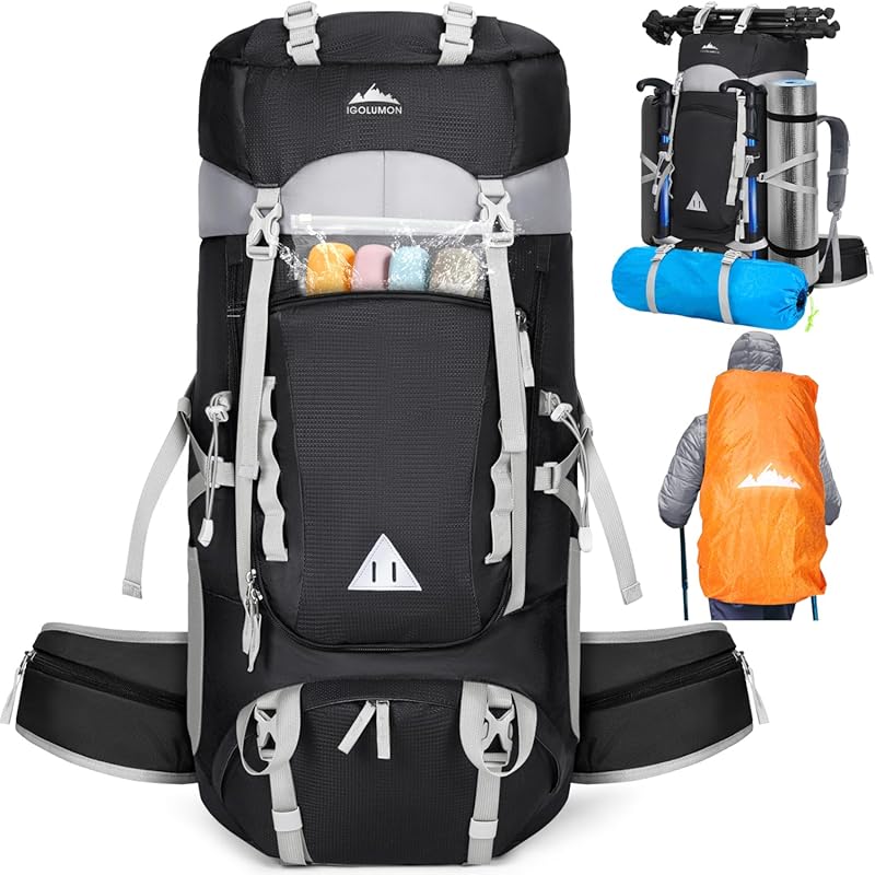 IGOLUMON 60L Waterproof Hiking Backpack with Rain Cover, Lightweight C
