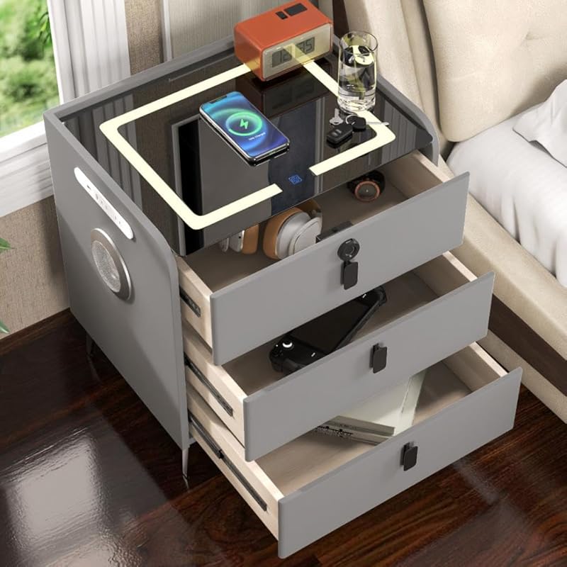 Modern LED Smart Nightstand with 3-Color Lighting, Wireless Charger, U