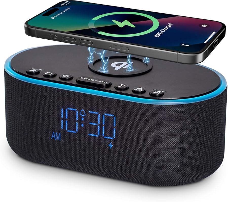 Wireless Charging Alarm Clock Radio with 10W Qi Fast Charger, Bluetoot