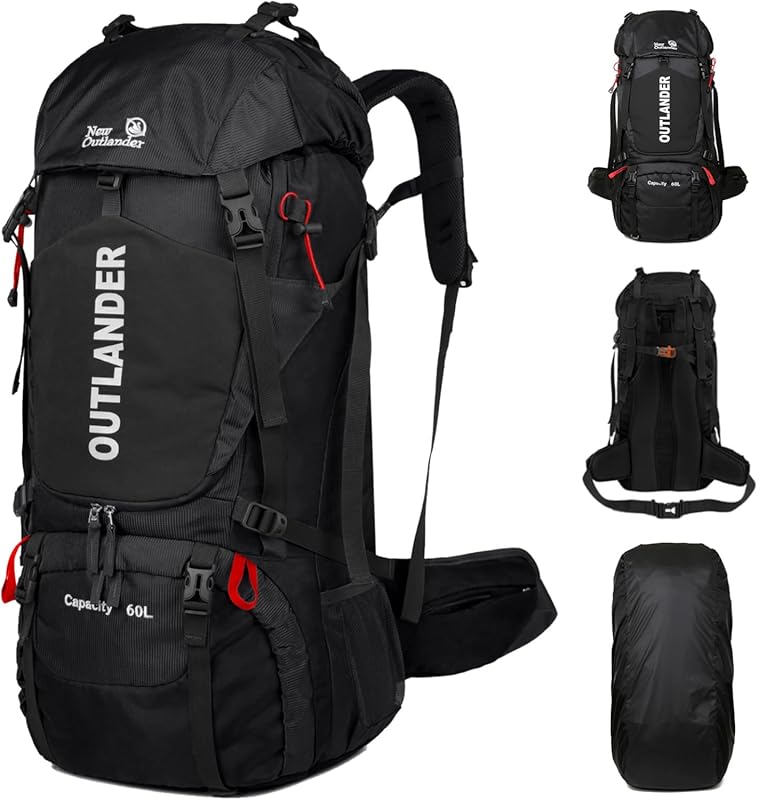 60L Waterproof Hiking Backpack with Shoe Compartment and Rain Cover, L