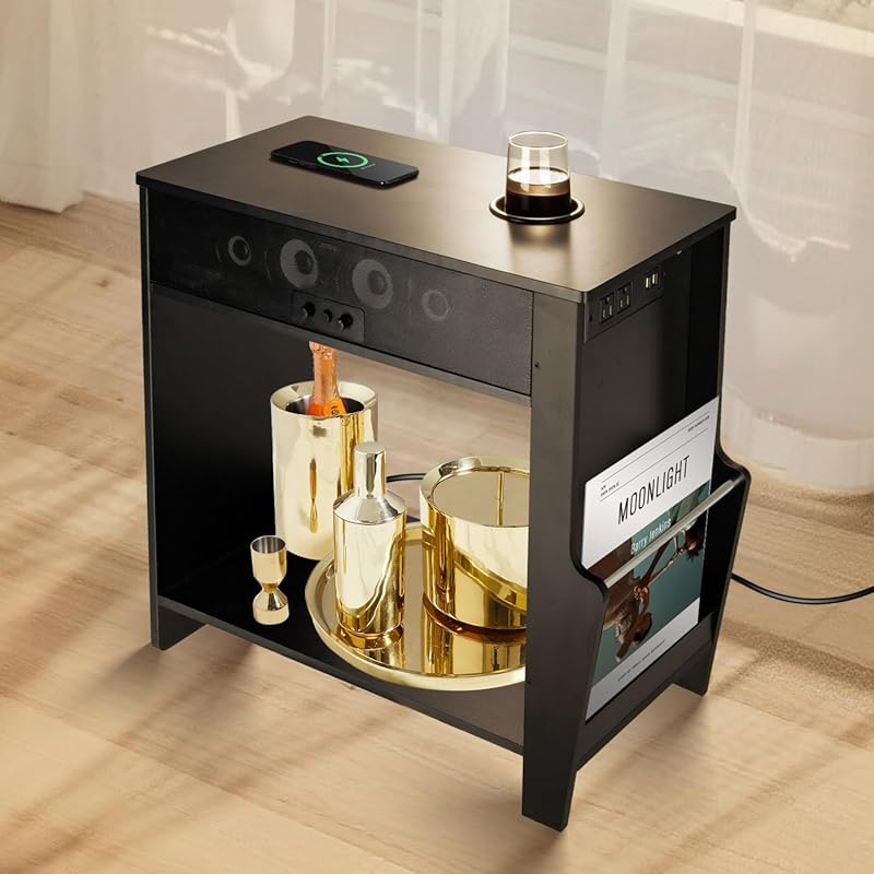 Bluetooth Speaker End Table with Dual Subwoofers, Wireless Charging, M