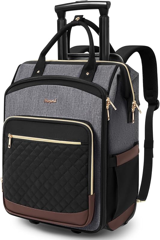 Grey Brown Stylish Rolling Backpack with Wheels, Vertical Storage Lapt