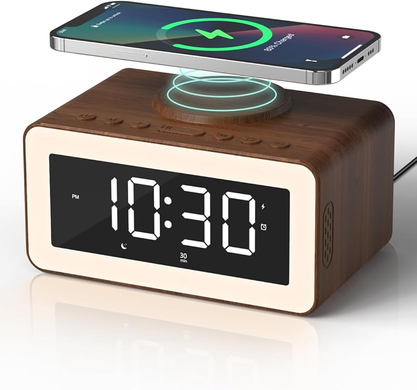 Digital Alarm Clock with Bluetooth Speaker, Wireless Charging, White N