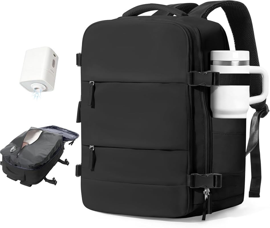 Black Vacuum Travel Backpack with Pump, Flight Approved Carry-On, Wate