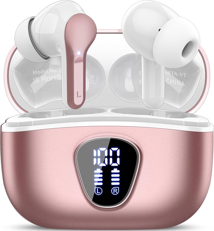 Rose Gold Bluetooth 5.4 Wireless Earbuds with HiFi Stereo, ENC Noise C