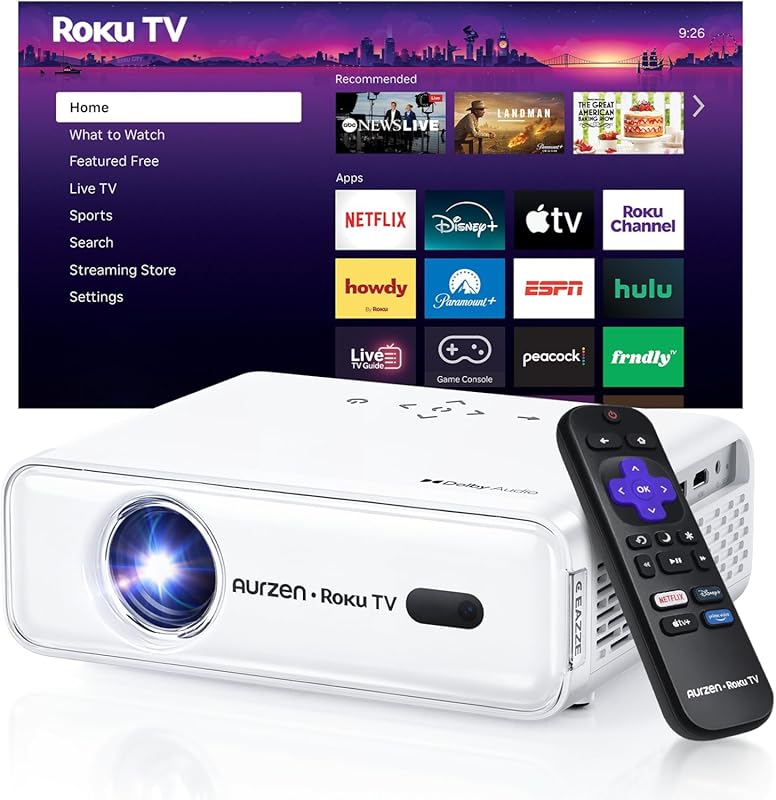 Aurzen Roku TV Smart Projector with WiFi, Bluetooth, 1080P FHD, Dolby 