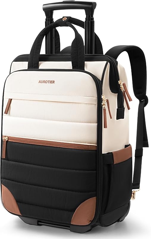 Rolling Puffer Backpack for Women with Wheels, Dual-Opening 16 Inch La