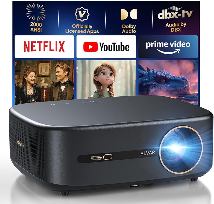 Alvar Smart Projector 2026 with 2000 ANSI Lumens, 4K Support, Built-in