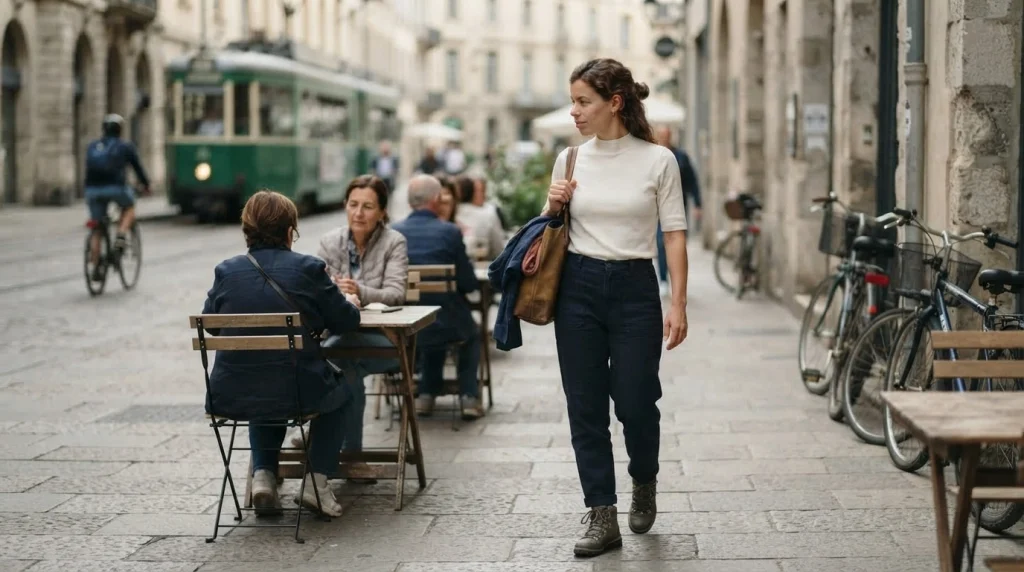 Solo female traveler observes local clothing and adapts her outfit after arriving.
