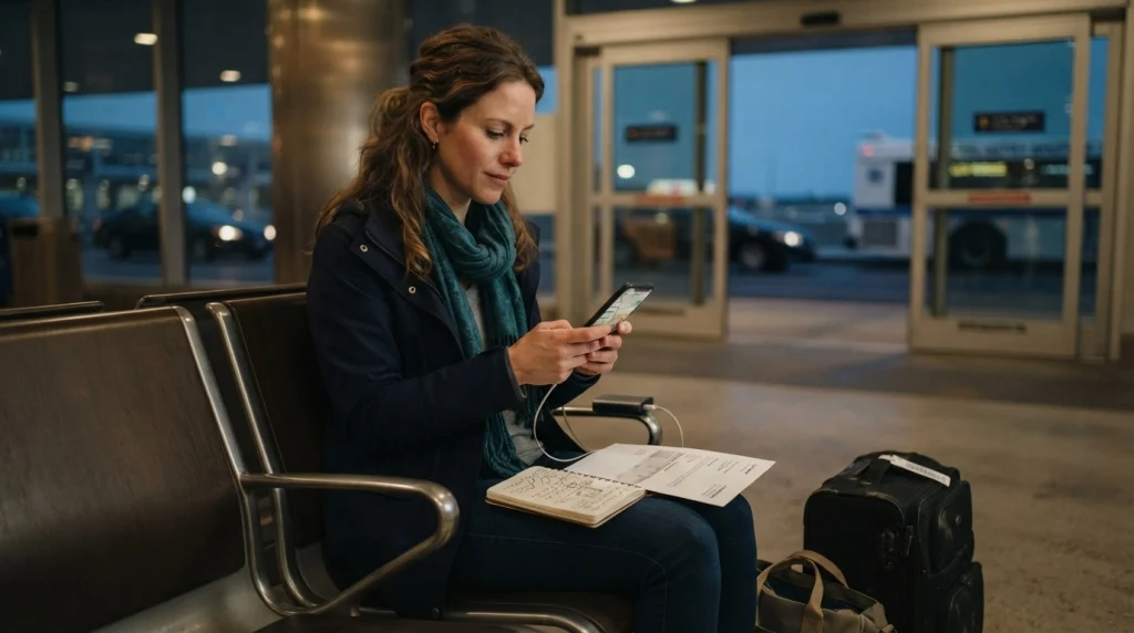 Solo female traveler preparing backup airport transport, offline maps, hotel details, and phone power after a delay
