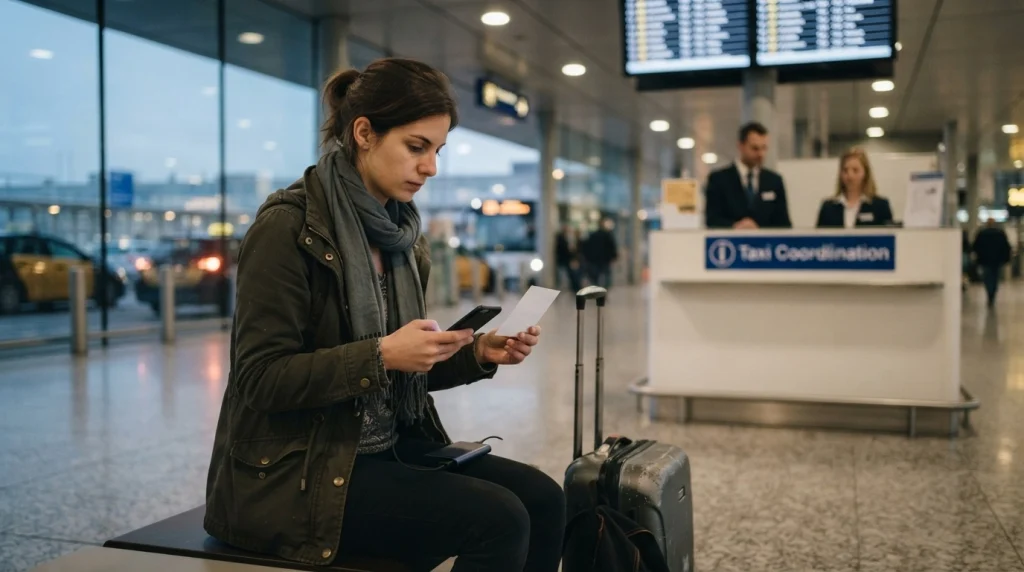 Solo woman using backup airport transfer plans after a delayed or missed pickup