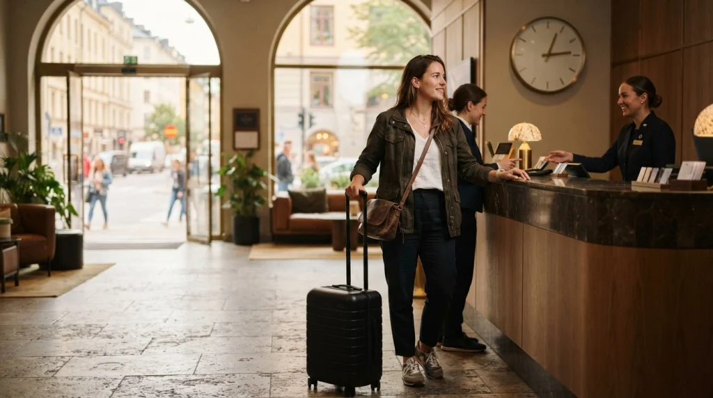 Solo female traveler checking into a hotel during the recommended afternoon arrival window