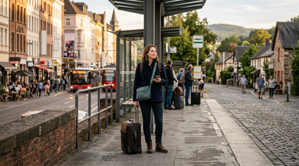 Solo woman comparing practical big city and small town travel environments.