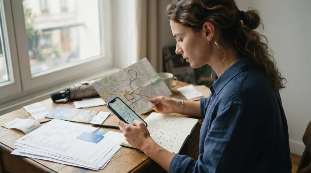 Solo female traveler preparing a backup itinerary with alternate routes and travel bookings