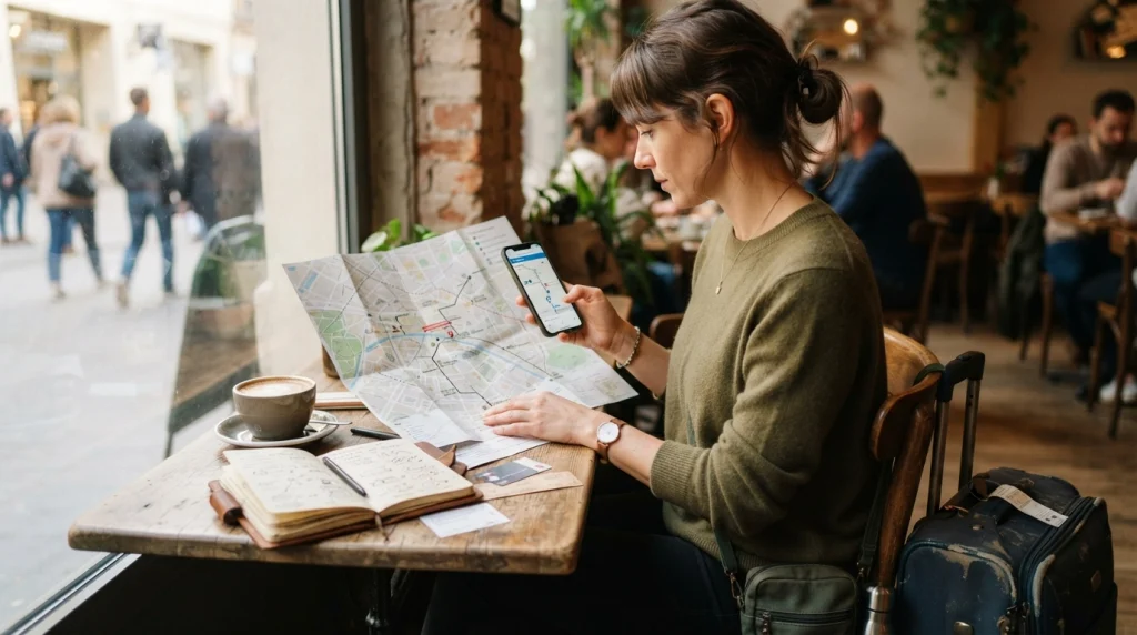 Solo female traveler planning a car-free itinerary with transit map, phone and one central travel base.
