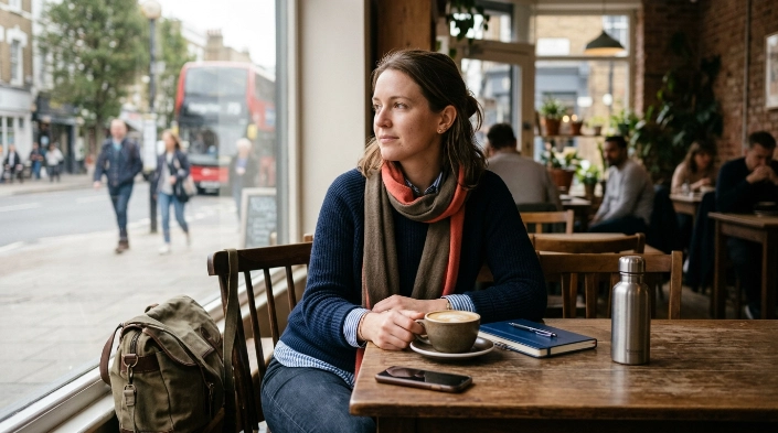 Woman practicing solo travel confidence alone at a café before her first solo trip.