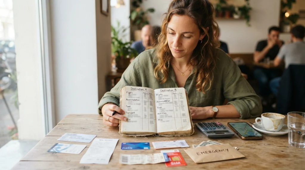 Woman comparing solo travel costs using matching accommodation, food, transport, and activity categories