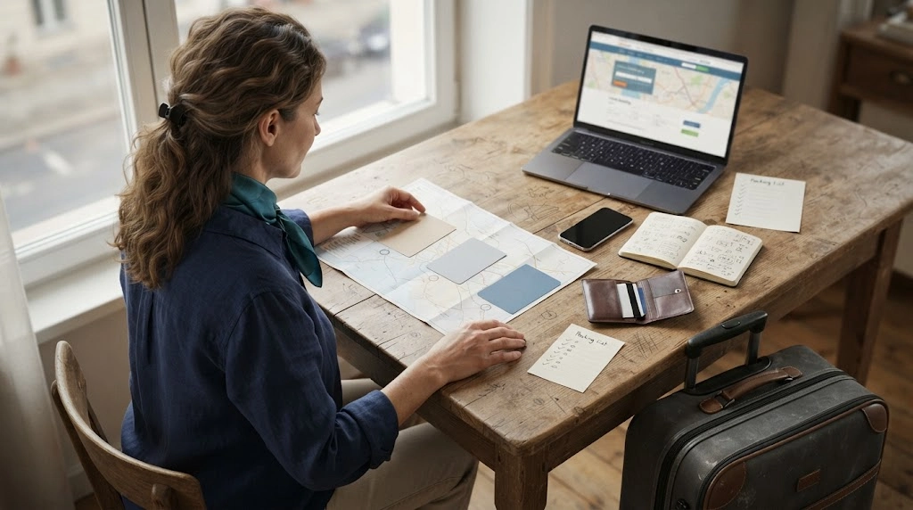 Woman planning a low-stress multi-city itinerary for solo train travel