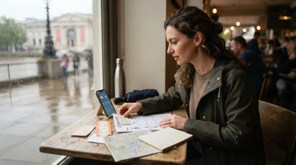 Solo woman rearranging a flexible itinerary after checking rainy weather during her trip