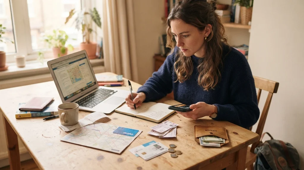 Solo woman calculating a realistic daily travel budget with lodging, food and transport costs