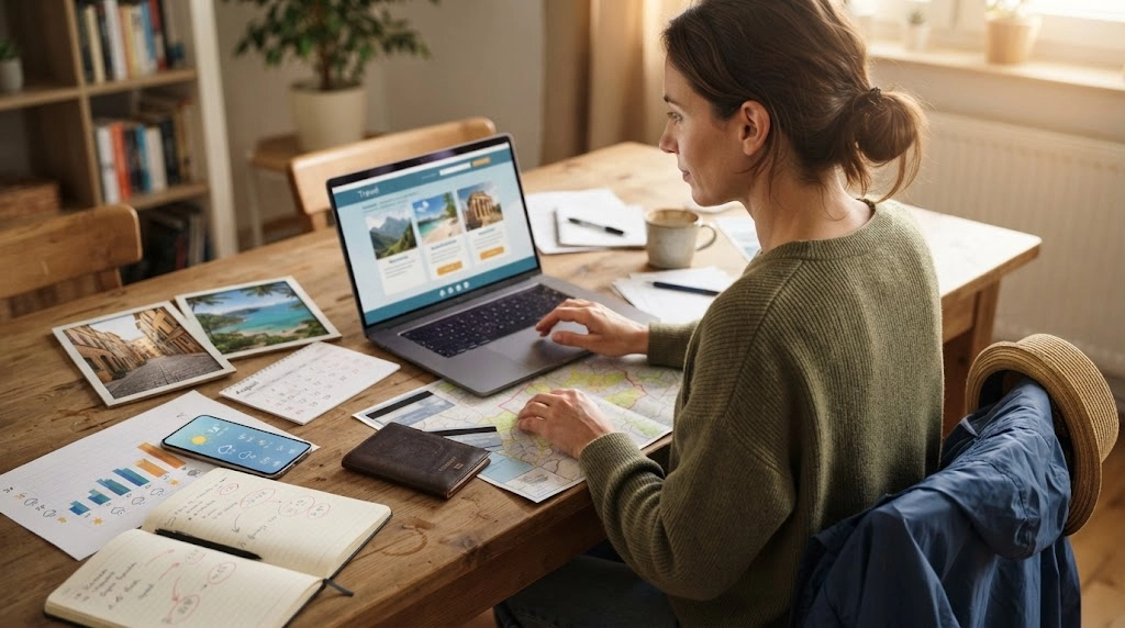 Woman comparing climate, hazards, transport, forecasts, and booking flexibility before a solo trip.