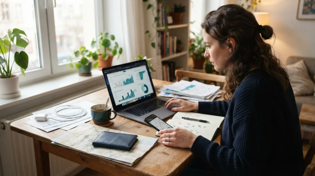 Solo woman checks English proficiency, transport, and hotel information before booking a trip