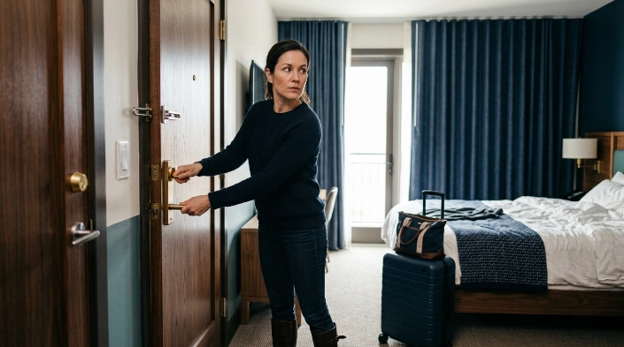 Solo woman checking hotel door locks, window security, curtains, and connecting door before unpacking