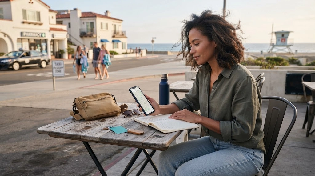 Solo female traveler checking beach safety, neighborhood maps, transport, and local conditions