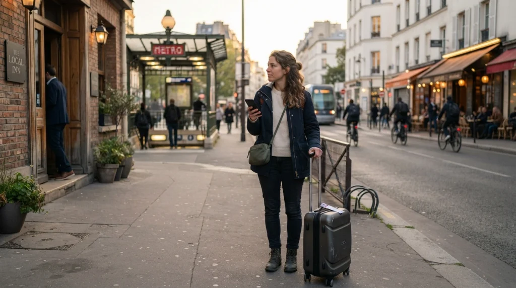 Solo woman checking accommodation near a metro station for a public transportation trip