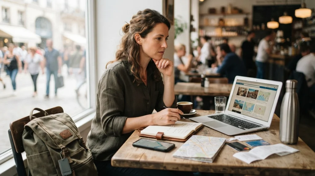 Woman comparing destinations and total costs while planning a solo trip on a limited budget