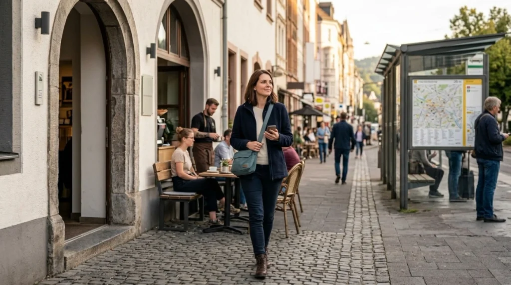 Solo woman beginning an easy first morning near her hotel, café, and public transport.