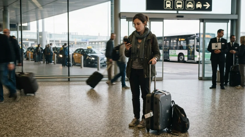 Solo woman comparing safe airport transfer options including taxi, train, bus, and private ride