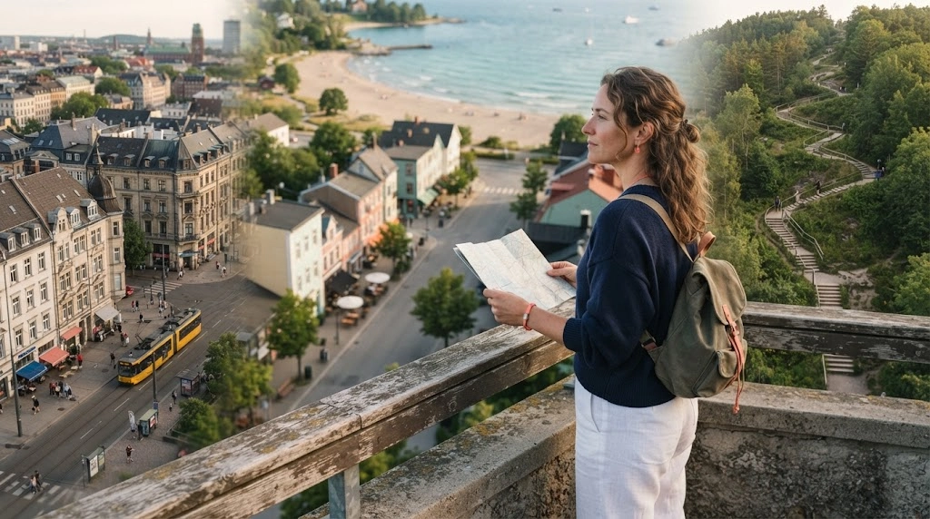 Solo woman comparing city, beach, town and nature options for a short solo weekend
