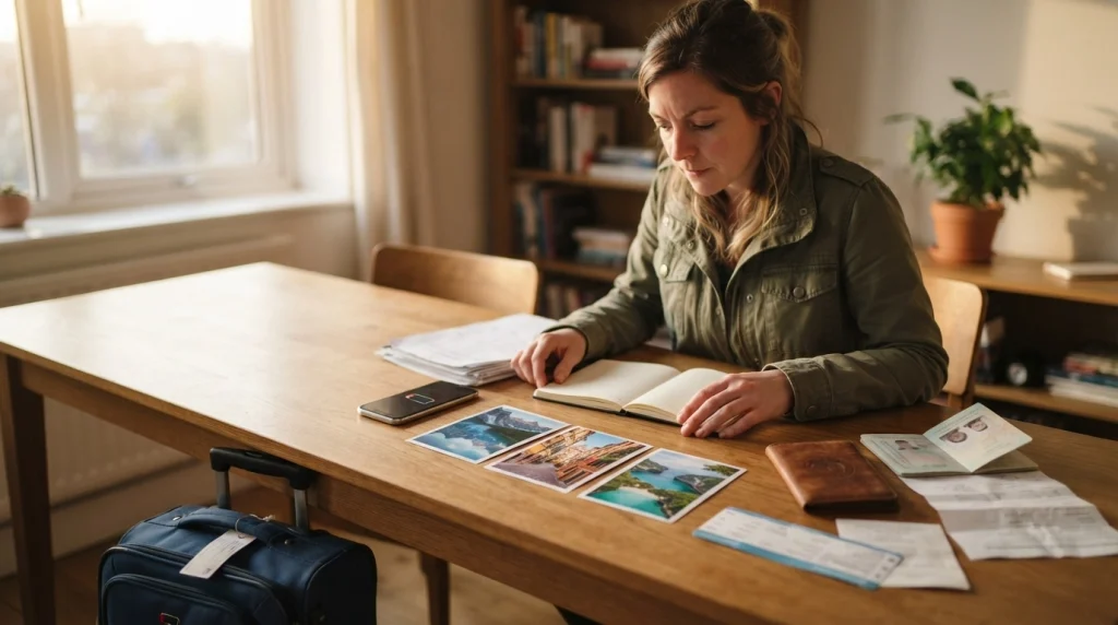 Solo female traveler comparing three destinations and backup plans before booking