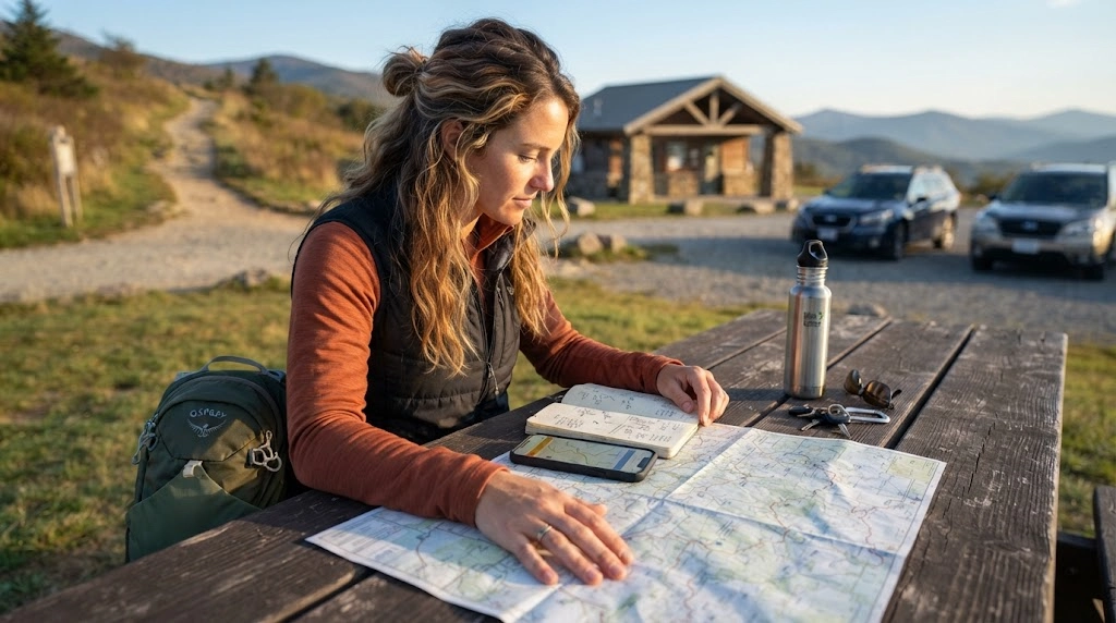 Solo woman comparing national park itineraries, trails, lodging, logistics, and backup plans.