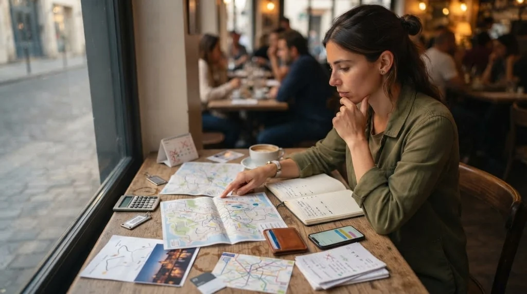 Woman comparing three solo travel destinations by cost, transport, lodging, and flexibility