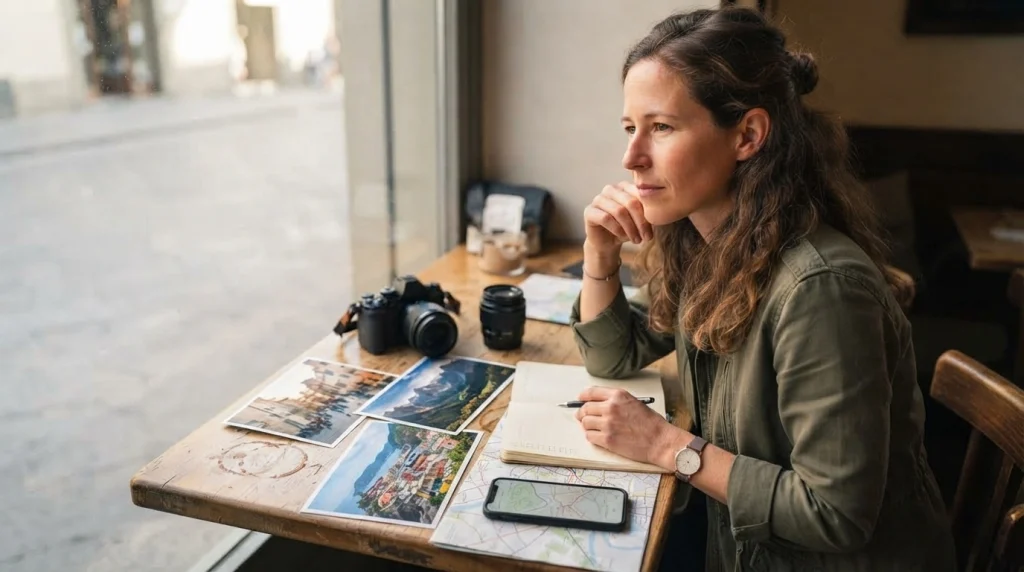 Solo female traveler comparing three photography destinations before booking a photography-focused trip