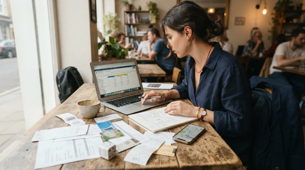Solo traveler comparing flights, hotels, food, and transport costs for several destinations