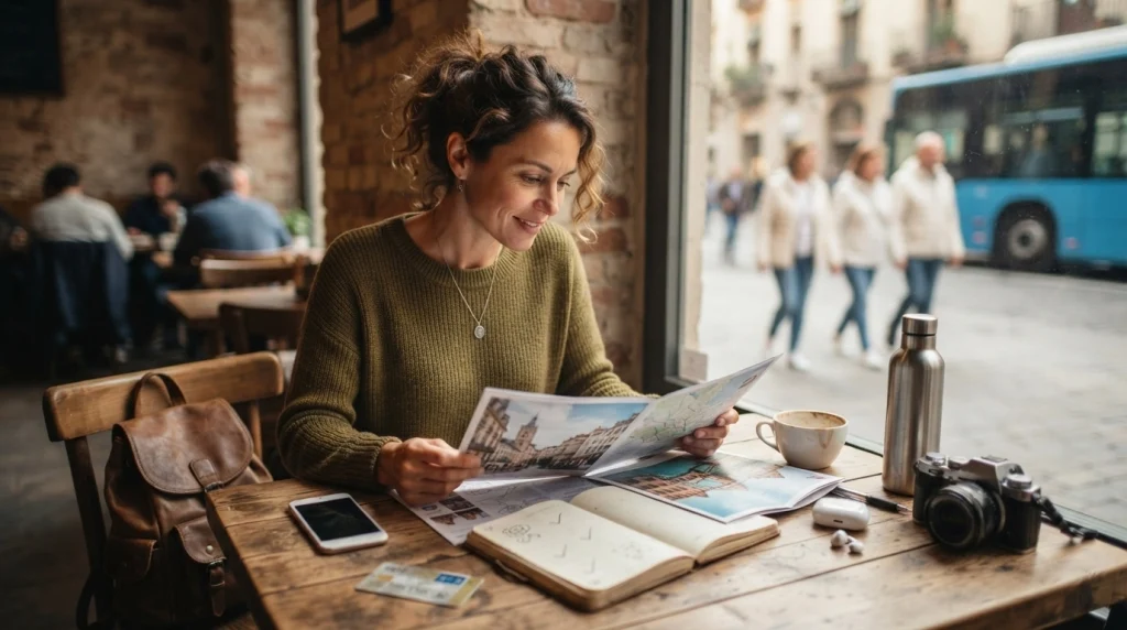 Solo woman comparing two social travel destinations at a café table